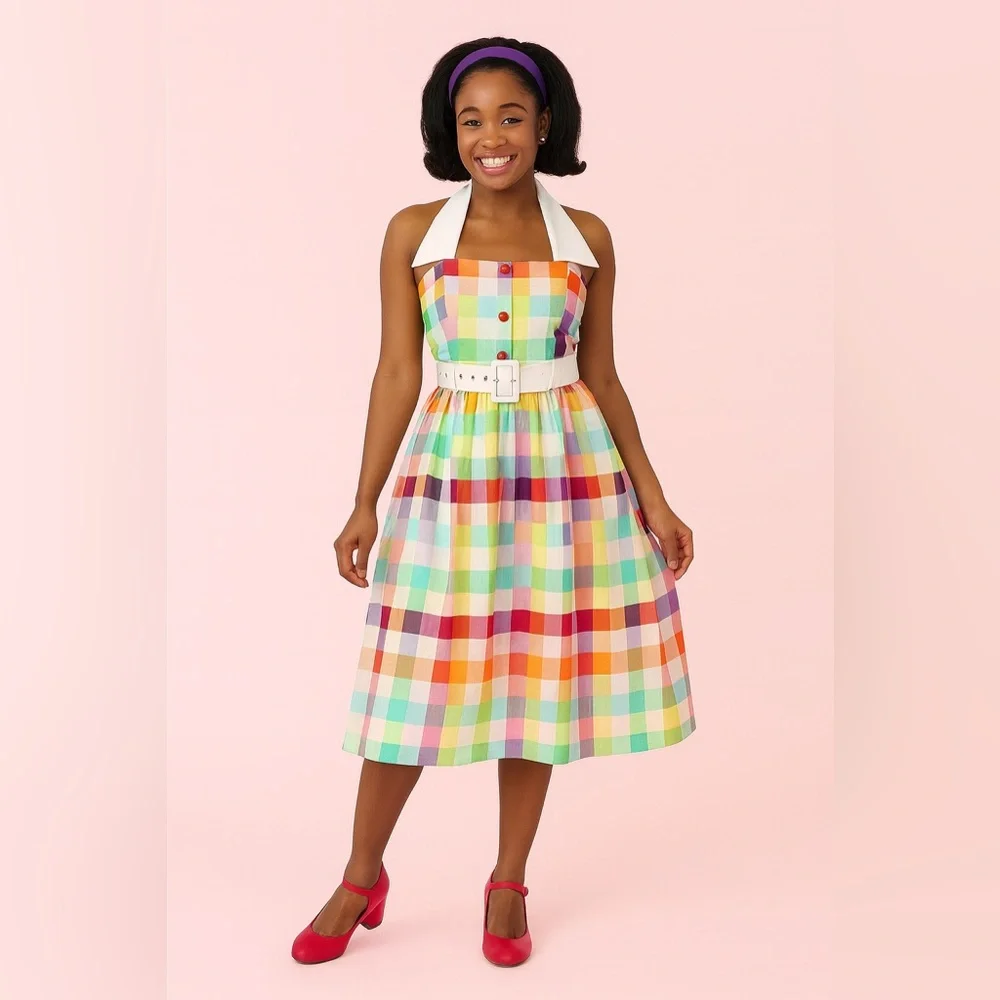 Unique Vintage Collectif Rainbows Over Hollywood Gingham Halter Swing Dress, NWT - Picture 3 of 16